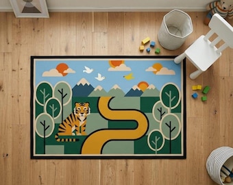 Kids Jungle Tiger Carpet Rug | Playful Forest Scene Area Rug