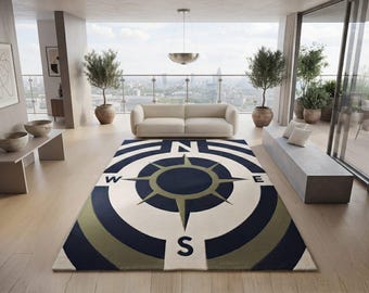Compass Rose Rug, Nautical Area Rug, Navy Blue Modern Rug, Coastal Living Room Carpet, Direction Compass Floor Rug, Handmade Rug
