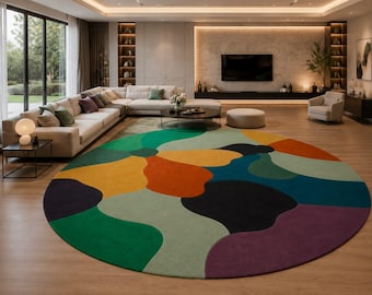 Nautical Compass Rose Round Rug, Coastal Geometric Area Carpet, Blue Teal Home Decor