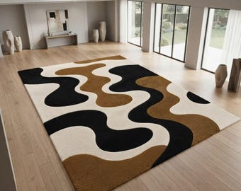 Modern abstract tapijt, neutraal zwart bruin wit tapijt, eigentijds handgemaakt tapijt, tapijt met organische vorm, minimalistisch woonkamertapijt, custom