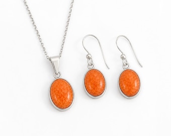 Sunstone Jewelry Set 925 Silver | Orange Gemstone Necklace Earrings Set | Handmade Boho Jewelry Gift for Her