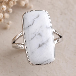 White Howlite Ring, Rectangular Gemstone Statement Ring, 925 Sterling Silver Boho Ring, Large Cushion Cut Stone Gift
