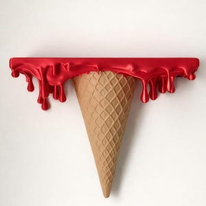 May include: A wall-mounted shelf featuring a horizontal top surface with a glossy red finish that appears to be melting, with drips hanging down. Attached to the underside of this red shelf is a tan, textured, cone-shaped support.