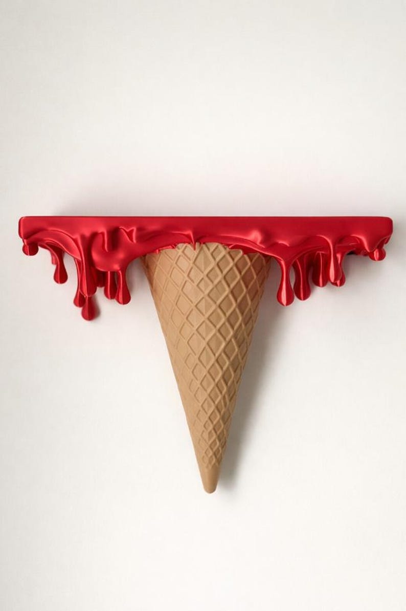May include: A wall-mounted shelf featuring a horizontal top surface with a glossy red finish that appears to be melting, with drips hanging down. Attached to the underside of this red shelf is a tan, textured, cone-shaped support.
