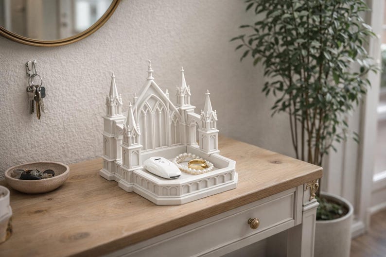 K&ouml;nnte beinhalten: Ein wei&szlig;er, dekorativer Schmuck- und Accessoire-Organizer in Form einer Kathedrale, mit einem kleinen Tablett, das eine Perlenkette, einen goldenen Ring und eine wei&szlig;e Fernbedienung enth&auml;lt. Der Organizer steht auf einem Holztisch.