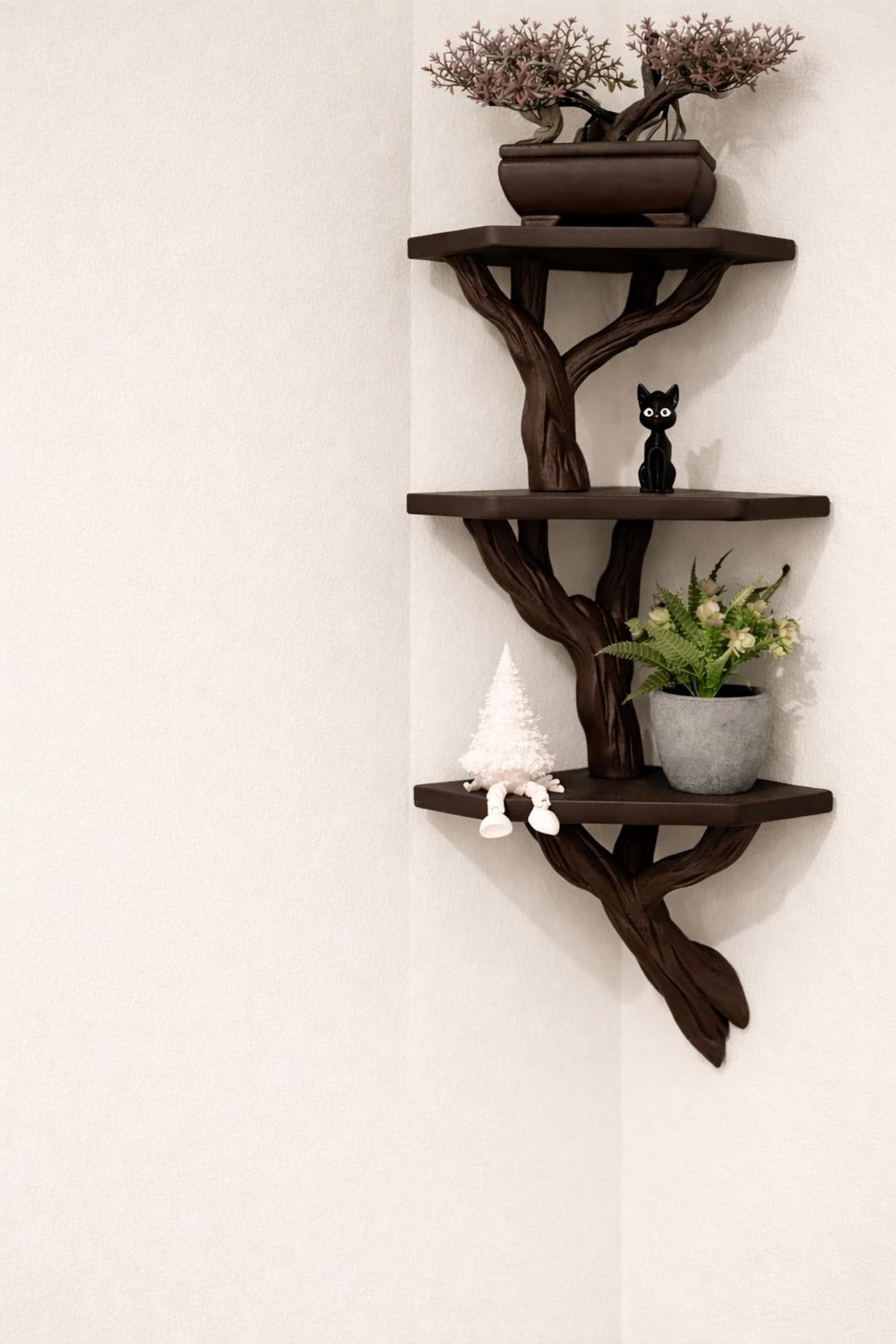 Tree Branch Corner Shelf | Nature Inspired Wall Shelf | 3D Printed Organic | Boho Home Decor - Dark Wood