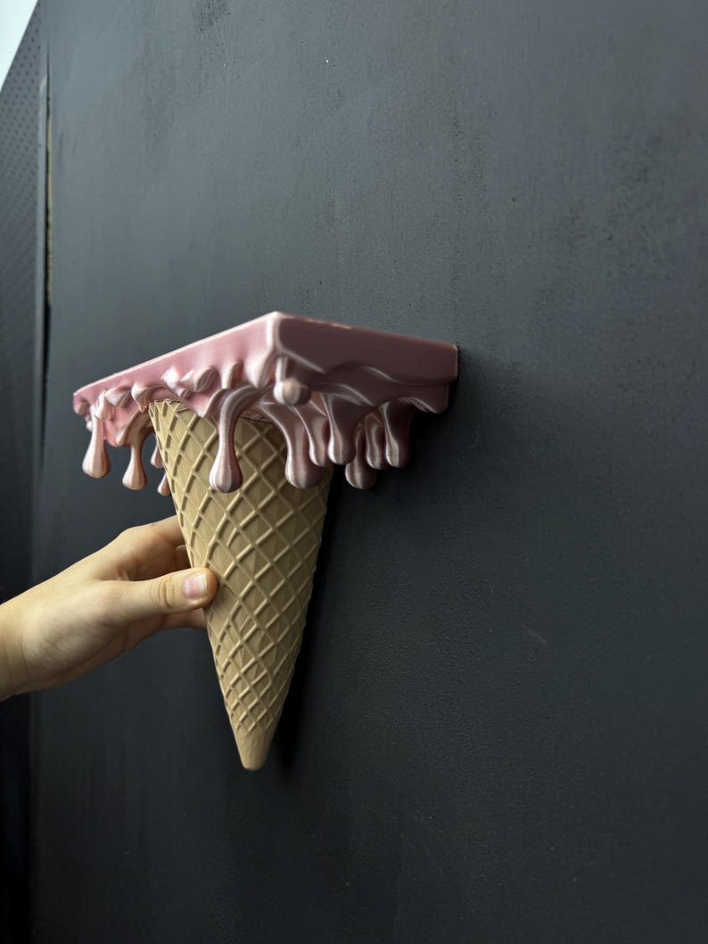 Melting Ice Cream Shelf | Drip Art Wall Decor, Sculptural Cone Statement Piece Silk Pink