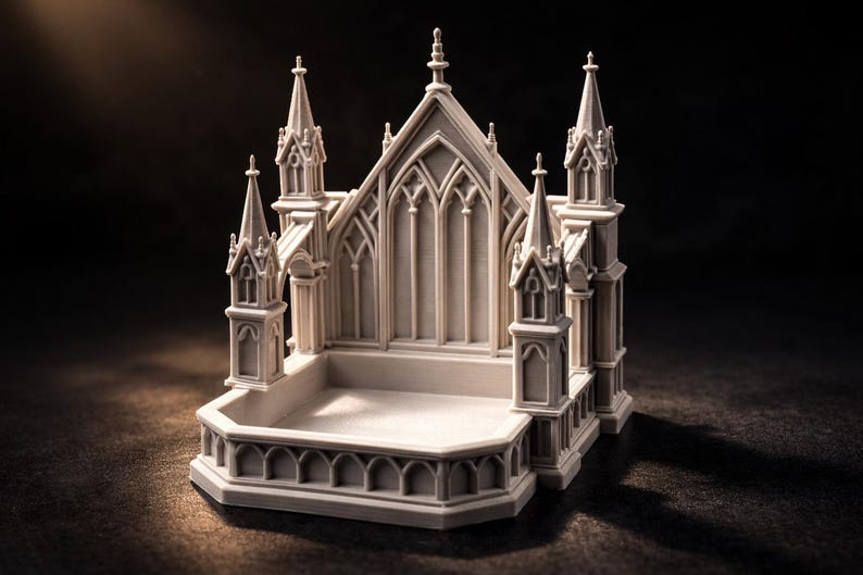 K&ouml;nnte beinhalten: Ein detailliertes, cremefarbenes Miniatur-Kathedralenmodell mit komplizierten architektonischen Details. Das Modell verf&uuml;gt &uuml;ber T&uuml;rme, gew&ouml;lbte Fenster und einen dekorativen Sockel, vor einem dunklen Hintergrund. Das Design erinnert an historische Architektur.