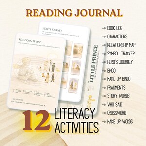 Può includere: Un diario di lettura creativo Il Piccolo Principe con 12 attività di alfabetizzazione tra cui registro dei libri, personaggi, mappa delle relazioni, tracciatore di simboli, viaggio dell'eroe, bingo, frammenti, parole della storia e cruciverba.