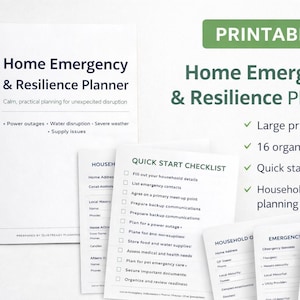 May include: A spiral-bound planner titled "Home Emergency & Resilience Planner" with checklists and forms. The planner includes sections for power outages, water disruption, and severe weather. A green banner reads "Printable PDF".