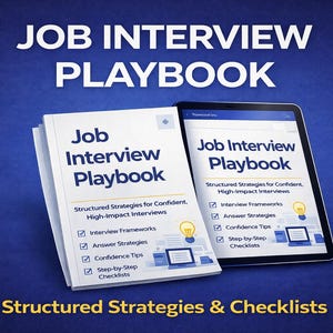Könnte beinhalten: Ein Buch und ein Tablet zeigen den Titel "Job Interview Playbook" auf blauem Hintergrund. Buch und Tablet haben das gleiche Cover-Design und listen Interview-Frameworks, Antwortstrategien, Selbstvertrauen-Tipps und Checklisten auf.
