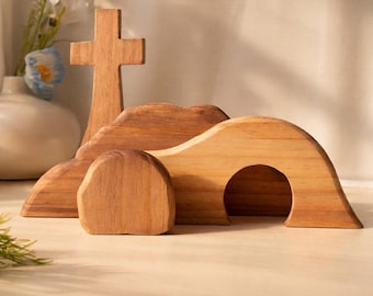 Juego de madera para la resurrección de Pascua, escena de la tumba vacía de "Él ha resucitado", decoración cristiana de Pascua, escena de resurrección de madera hecha a mano, regalos de Pascua