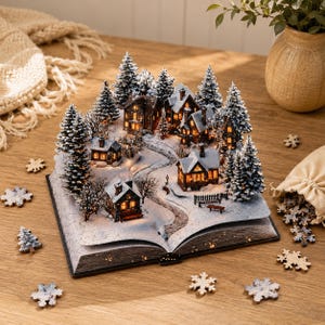 Verschneites Dorf Holzpuzzle, Buch Puzzle, Winter Landhaus Puzzle, Weihnachtsgeschenk, Familienpuzzle, Winter-Wanddekor