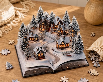 Snowy Village Wooden Puzzle, Book Shaped Jigsaw Puzzle, Winter Cottage Puzzle, Christmas Gift, Family Puzzle, Winter Wall Decor