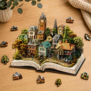 Buch Stadt Holzpuzzle, Märchenbuch Dorf Puzzle, Einzigartige Unregelmäßige Form Holzpuzzle, Geschenk für Kinder Erwachsene, Wandkunst Dekor