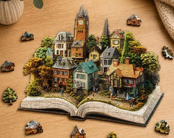 May include: A three-dimensional jigsaw puzzle shaped like an open book, featuring a detailed miniature village with a central clock tower, various houses with pitched roofs, green trees, and small figures, surrounded by several loose puzzle pieces.
