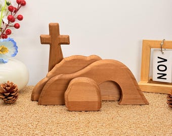 Handgemachte hölzerne Auferstehungsszene aus Holz, leeres Grab Dekor