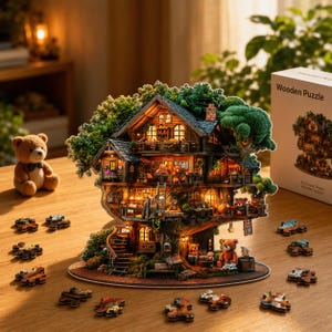 Peut inclure: Puzzle en bois détaillé représentant une cabane dans les arbres avec plusieurs niveaux, des fenêtres éclairées et des ours en peluche. Le puzzle est entouré de pièces éparpillées et d'une figurine d'ours en peluche. Une boîte "Wooden Puzzle" est visible.