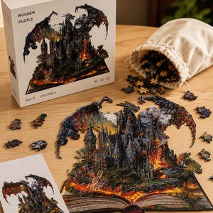 Drachen Burg Holzpuzzle, Fantasy Drachen Puzzle, Einzigartige Form Holzpuzzle, Gotische Burg Puzzle, Geschenk für Buchliebhaber