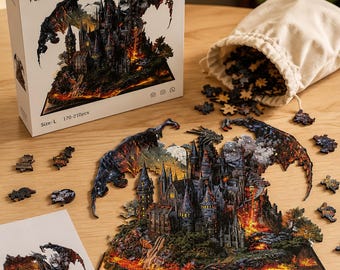 May include: A wooden puzzle set featuring a fantasy castle and dragon design. The box and included reference card display the text 'WOODEN PUZZLE' and 'Size: L 170-210pcs'. The puzzle pieces are stored in a beige drawstring bag next to the assembled scene.
