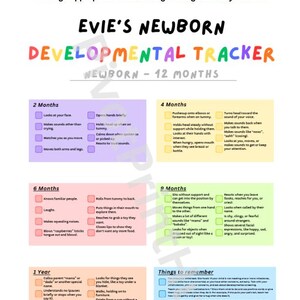 May include: A colorful developmental tracker for newborns to 12 months, titled "EVIE'S NEWBORN DEVELOPMENTAL TRACKER." The chart lists milestones like smiling, cooing, and crawling, with sections for 2, 4, 6, 9 months, and 1 year. Includes "Things to remember."