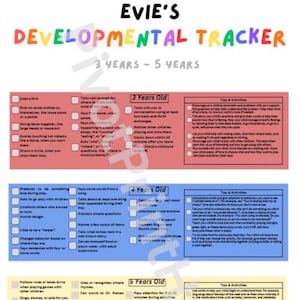 May include: A colorful developmental tracker for children aged 3-5 years old, titled "EVIE'S DEVELOPMENTAL TRACKER." The chart lists age-appropriate milestones and activities, with sections for 3, 4, and 5-year-olds. The text is in black, with colorful headings.