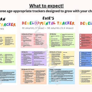 Puede incluir: Un gráfico colorido titulado "¡Qué esperar!" con tres secciones: "Evie's Newborn Developmental Tracker", "Evie's Developmental Tracker 12 meses - 30 meses" y "Evie's Developmental Tracker 2 años - 5 años". Cada sección enumera los hitos apropiados para la edad.