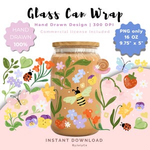 May include: A glass can wrap with a wooden lid, adorned with a floral and insect design. The wrap features a bee, ladybugs, butterflies, flowers, and strawberries. The text on the image says "Glass Can Wrap", "Hand Drawn Design", and "PNG only 16 OZ 9.75" x 5""