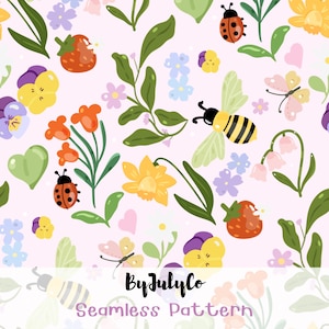 Op de afbeelding: Een naadloos patroon op een lichtroze achtergrond met illustraties van rode aardbeien, gele narcissen, paars-gele viooltjes, lieveheersbeestjes, bijen, vlinders, groene bladeren en kleine hartjes, met de tekst ByJulyCo Seamless Pattern.
