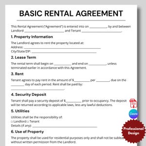 May include: A white document titled "BASIC RENTAL AGREEMENT" with fillable fields for property information, lease terms, rent, and security deposit. The document includes the Canva and Professional Design logos.