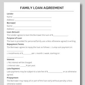 Puede incluir: Un documento blanco titulado "ACUERDO DE PRÉSTAMO FAMILIAR" con secciones para la información del prestamista y del prestatario, el importe del préstamo, las condiciones de pago, los intereses, el pago tardío y el pago anticipado. El documento es para uso personal o familiar.