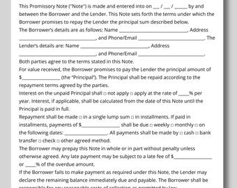 Modèle de billet à ordre modifiable, formulaire de contrat de prêt personnel d'une page, contrat de prêt imprimable, billet à ordre avec paiement, Canva