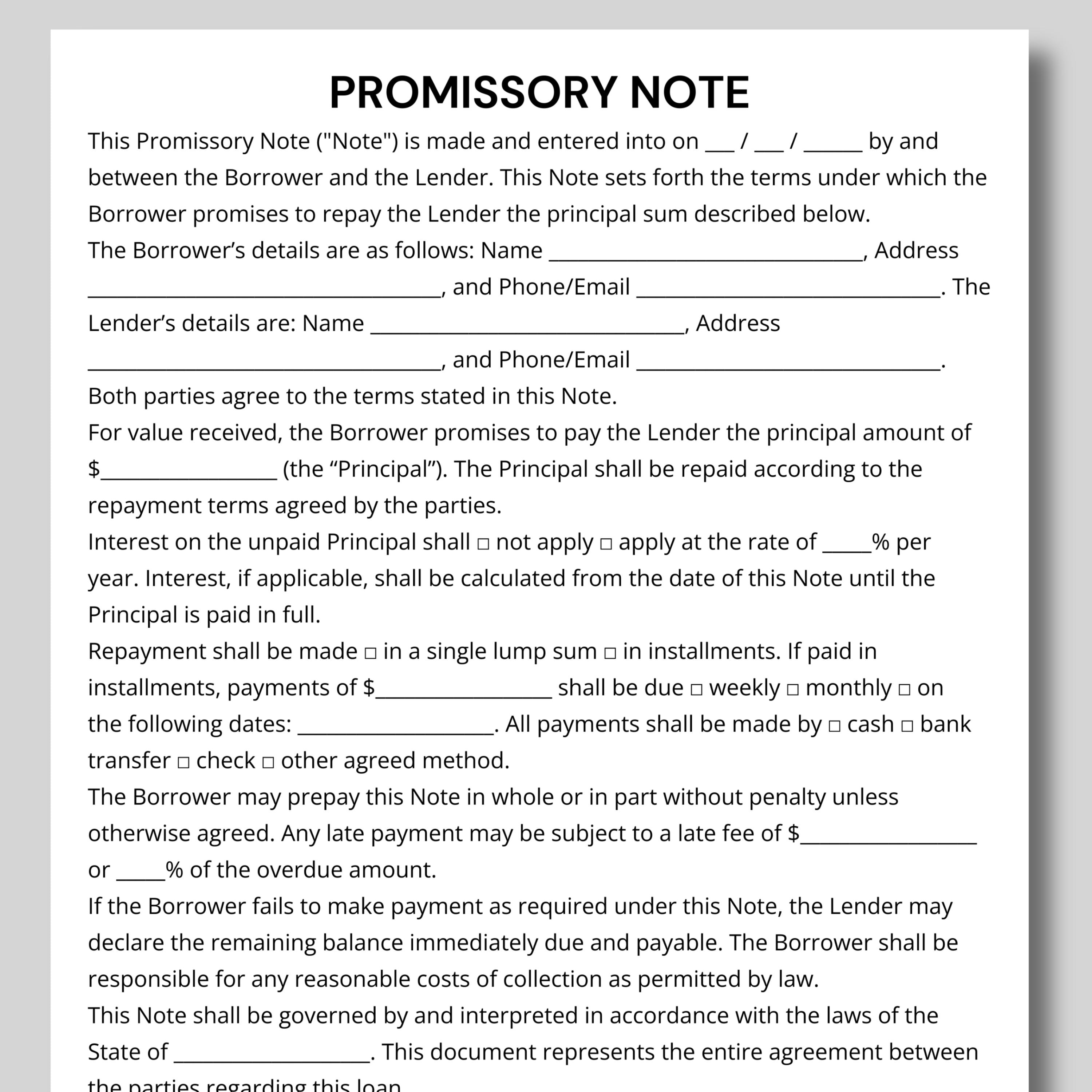 Editable Promissory Note Template, Single Page Personal Loan Agreement ...
