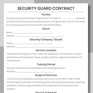 May include: A security guard contract template with the title "SECURITY GUARD CONTRACT" at the top. The document includes sections for parties, client, security company/guard, service location, training period, and scope of services.