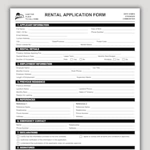 Puede incluir: Un formulario de solicitud de alquiler impreso en blanco y negro con secciones para información del solicitante, detalles de alquiler, empleo, residencia anterior, referencias, contacto de emergencia, declaraciones y firmas con un logo.