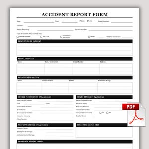 Pode incluir: Um formulário de relatório de acidente branco com texto e linhas pretas para documentação. As seções incluem data, hora, local, pessoa que relata, descrição do incidente, pessoas envolvidas, informações de testemunhas e detalhes.