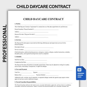 Könnte beinhalten: Ein weißes Dokument mit dem Titel CHILD DAYCARE CONTRACT in schwarzer Schrift. Es enthält Abschnitte für Parteien, Dienstleistungen, Zeitplan, Gebühren und Zahlung sowie Elternverantwortlichkeiten mit leeren Zeilen zum Ausfüllen.