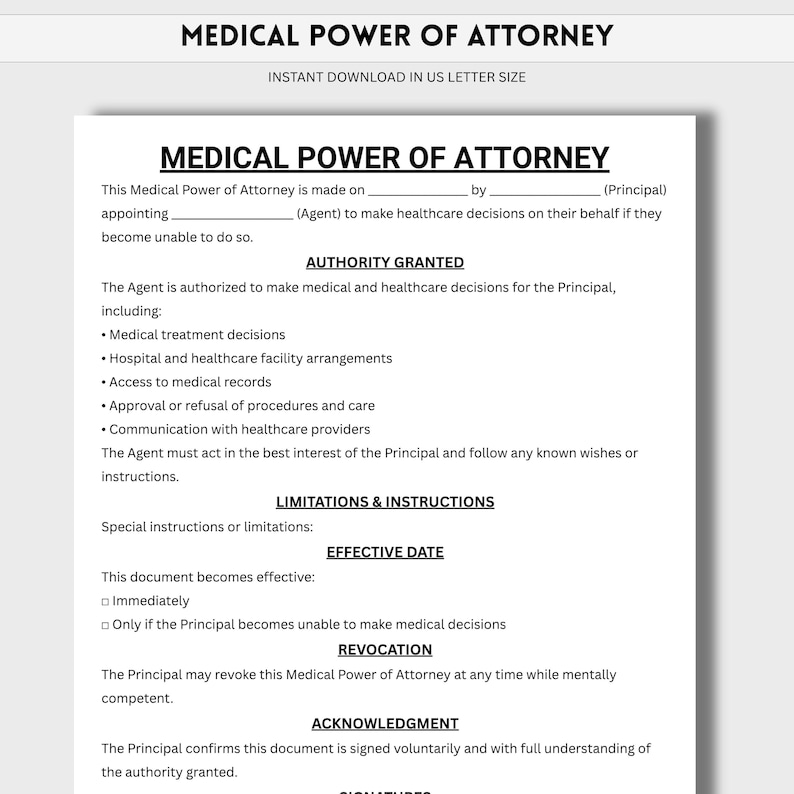 Peut inclure: Document blanc intitul&eacute; "MEDICAL POWER OF ATTORNEY" avec du texte noir. Le document comprend des sections pour la nomination d'un agent, l'octroi d'une autorit&eacute; et la description des limites. T&eacute;l&eacute;chargement instantan&eacute; au format US Letter.