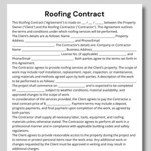 Op de afbeelding: Een document met de titel "Roofing Contract", een sjabloon voor een dakbedekkingscontract. Het bevat secties voor klant- en aannemersgegevens, met daarin de voorwaarden en de omvang van de dakbedekkingswerkzaamheden.