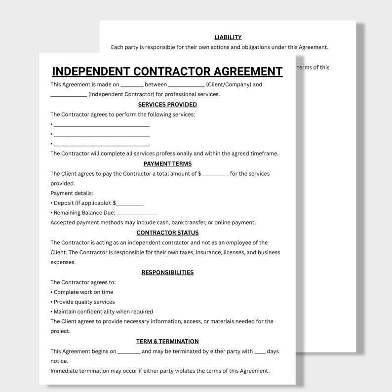 Independent Contractor Agreement, Editable Business Contract Template ...