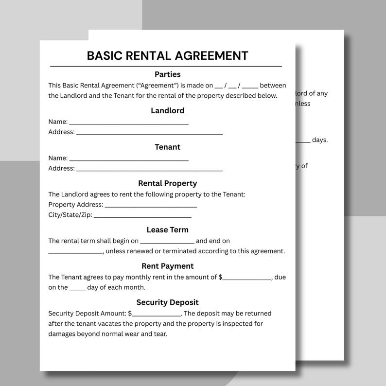 Basic Rental Agreement, Lease Contract, Rental Contract Template ...