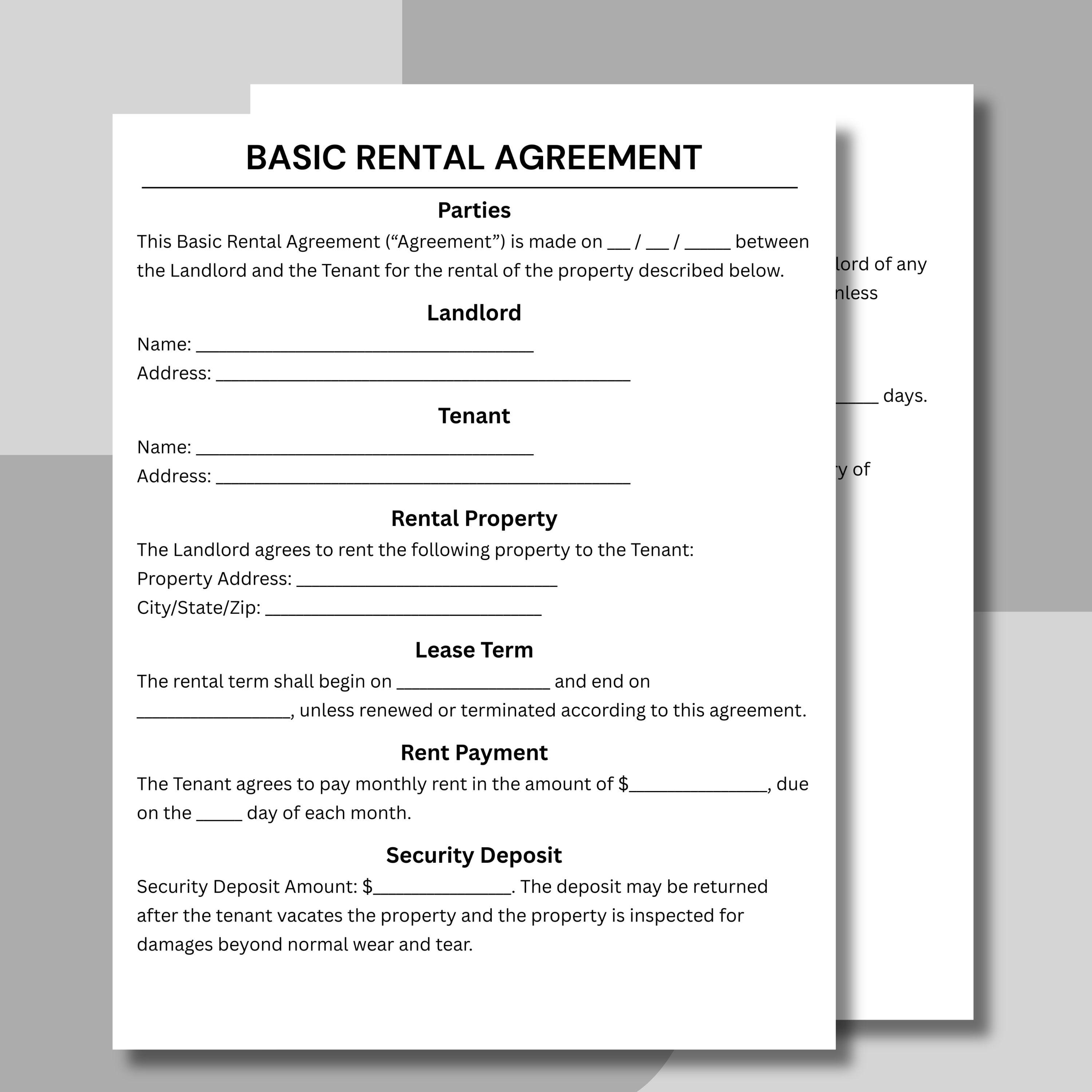 Basic Rental Agreement, Lease Contract, Rental Contract Template ...