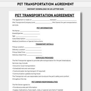 Könnte beinhalten: Eine druckbare Vereinbarung zum Tiertransport im US-Letter-Format. Das Dokument enthält Abschnitte für Tierinformationen, Transportdetails, erbrachte Leistungen und die Verantwortlichkeiten des Eigentümers. Schwarzer Text auf weißem Hintergrund.