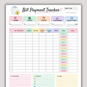 Op de afbeelding: Een printbaar factuurbetalingstracker-blad met een pastelkleurenpalet. De lay-out bevat secties voor het totaal aan facturen, totaal verschuldigd, totaal betaald, totaal resterend en betalingsvoortgang, met een tabel voor uitgaven.