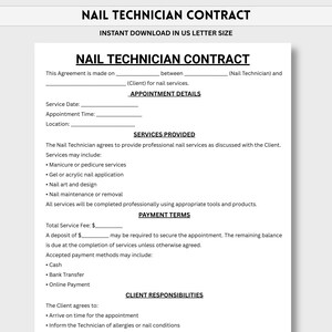 May include: A white document titled "NAIL TECHNICIAN CONTRACT" with sections for appointment details, services provided, payment terms, and client responsibilities. The document is designed for nail service agreements and is available in US Letter size.