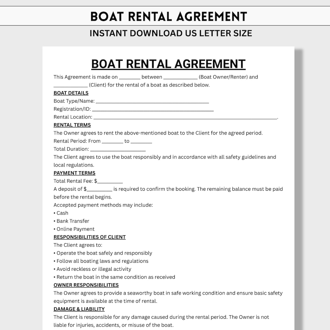 Boat Rental Agreement | Editable Boat Rental Contract | Printable ...