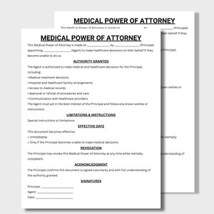 Peut inclure: Un document de procuration m&eacute;dicale imprim&eacute; sur papier blanc, d&eacute;taillant l'autorit&eacute; en mati&egrave;re de prise de d&eacute;cision en mati&egrave;re de soins de sant&eacute;. Le document comprend des sections pour les traitements m&eacute;dicaux, l'acc&egrave;s aux dossiers et les arrangements de soins de sant&eacute;.