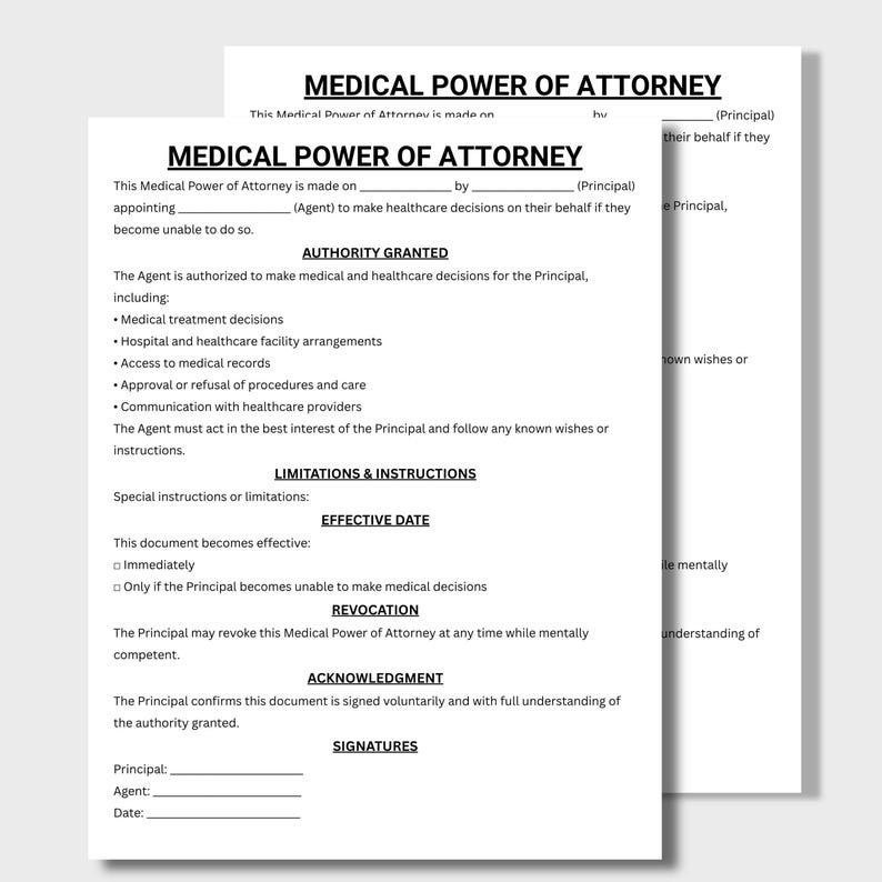 Peut inclure: Un document de procuration m&eacute;dicale imprim&eacute; sur papier blanc, d&eacute;taillant l'autorit&eacute; en mati&egrave;re de prise de d&eacute;cision en mati&egrave;re de soins de sant&eacute;. Le document comprend des sections pour les traitements m&eacute;dicaux, l'acc&egrave;s aux dossiers et les arrangements de soins de sant&eacute;.