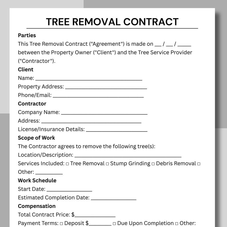 Tree Removal Contract, Editable Tree Removal Service Form Template ...