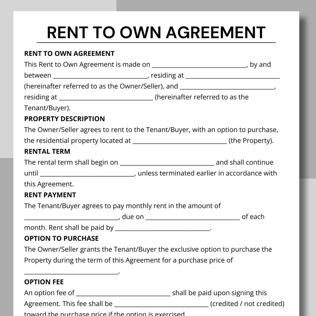 Own Not Rent Rent to Own, Lease to Own, Real Estate Form, Rental Agreement, Editable ...